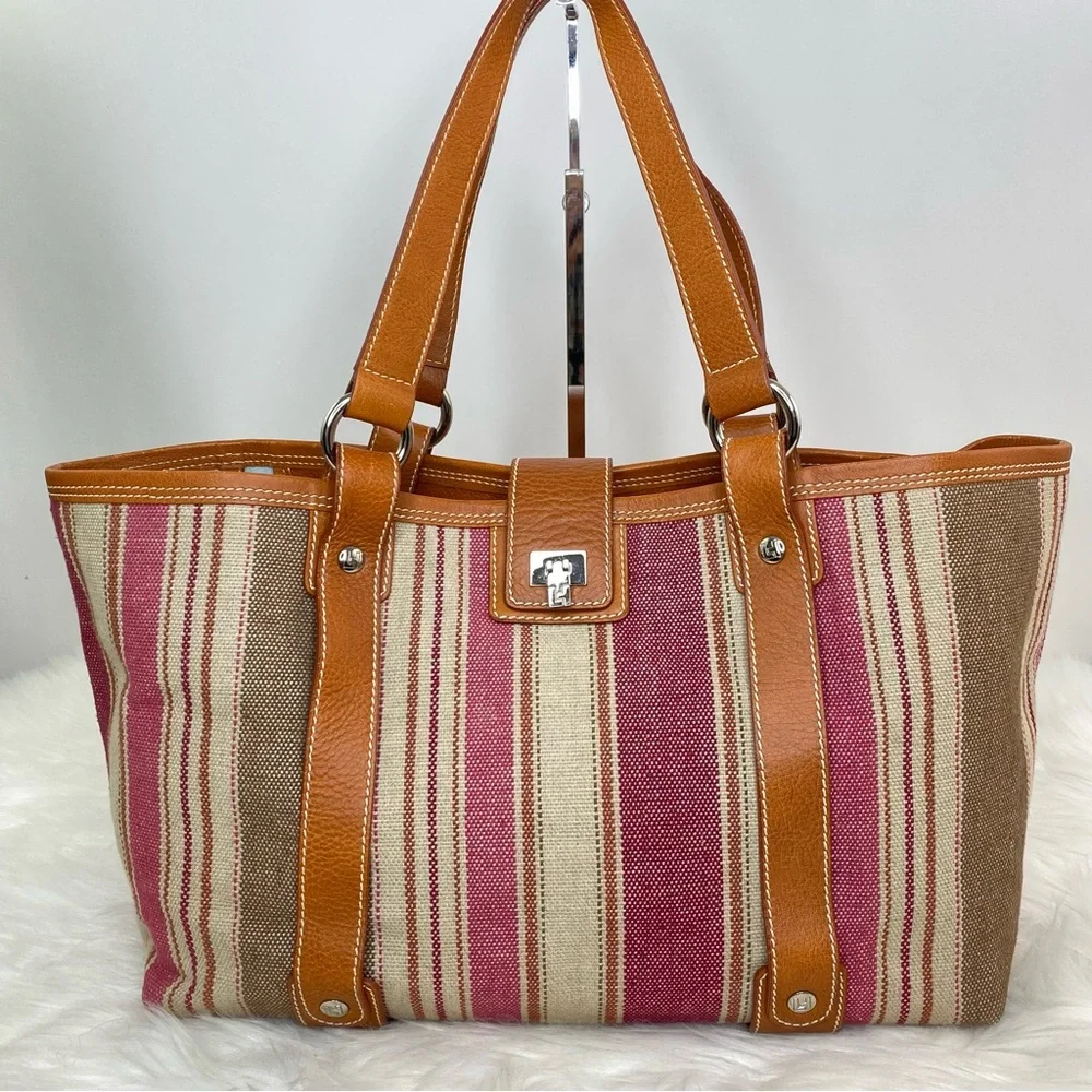 Lambertson Truex Large Striped Kansas Canvas and Leather Tote